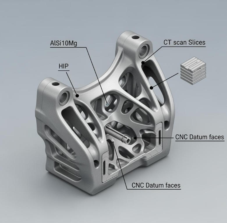Metal 3D Printed Subframe Connection Mounts and Blocks for EV and Motorsport Chassis 1 A high-resolution, isometric render of a metal 3D printed subframe connection block in AlSi10Mg with visible topology-optimized ribs, two integrated mounting lugs (bored and post-machined), internal lattice zones shown via cutaway, and a small internal conduit for harness routing; matte shot-peened surface; callouts for HIP, CT scan slices, and CNC datum faces; neutral gray background; soft studio lighting.