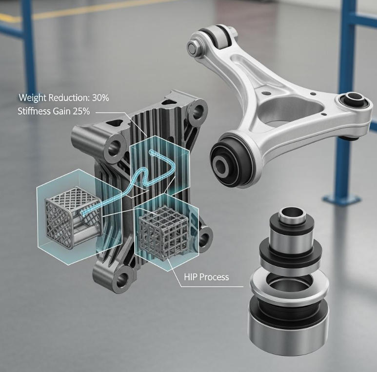 Metal 3D Printed Subframe Connection Mounts and Blocks for EV and Motorsport Chassis 2 an AM-printed connection block with integrated ribs and two mounting lugs, adjacent control arm and bushing stack; transparent overlays reveal a small internal cable channel and NVH lattice pocket; annotations for weight reduction percentage, stiffness gain, and HIP process; clean engineering backdrop.