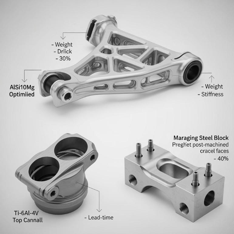 Metal 3D Printing for U.S. Automotive Lightweight Structural Brackets and Suspension Components 2 A montage of three components on a clean technical background: 1) AlSi10Mg topology-optimized upper control arm with cutaway lattice zones; 2) Ti‑6Al‑4V damper top mount showing internal cable channel; 3) Maraging steel subframe block with post-machined faces and threaded inserts; include subtle infographics for weight, stiffness, and lead-time improvements.